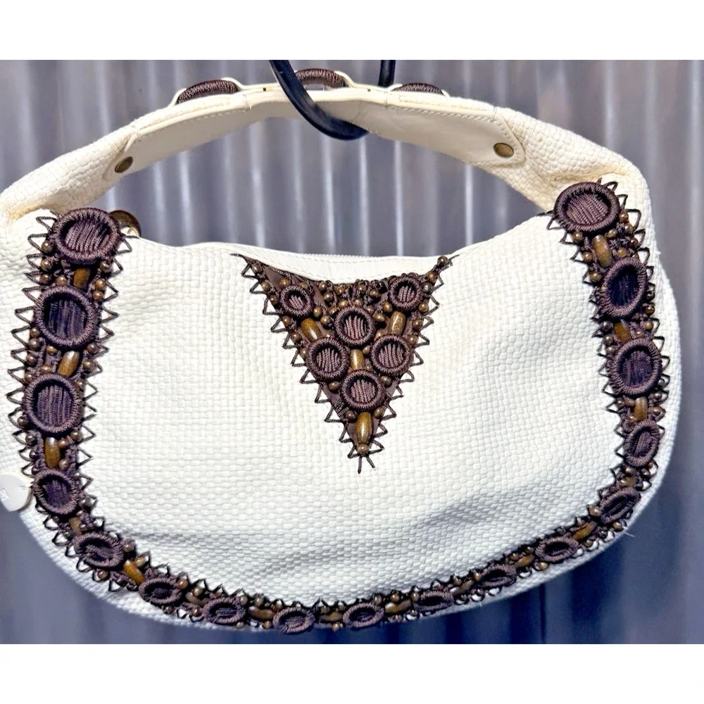 Cole Haan Alyssa Bead Cream Woven Straw Shoulder Bag Vintage Wood Trim Purse